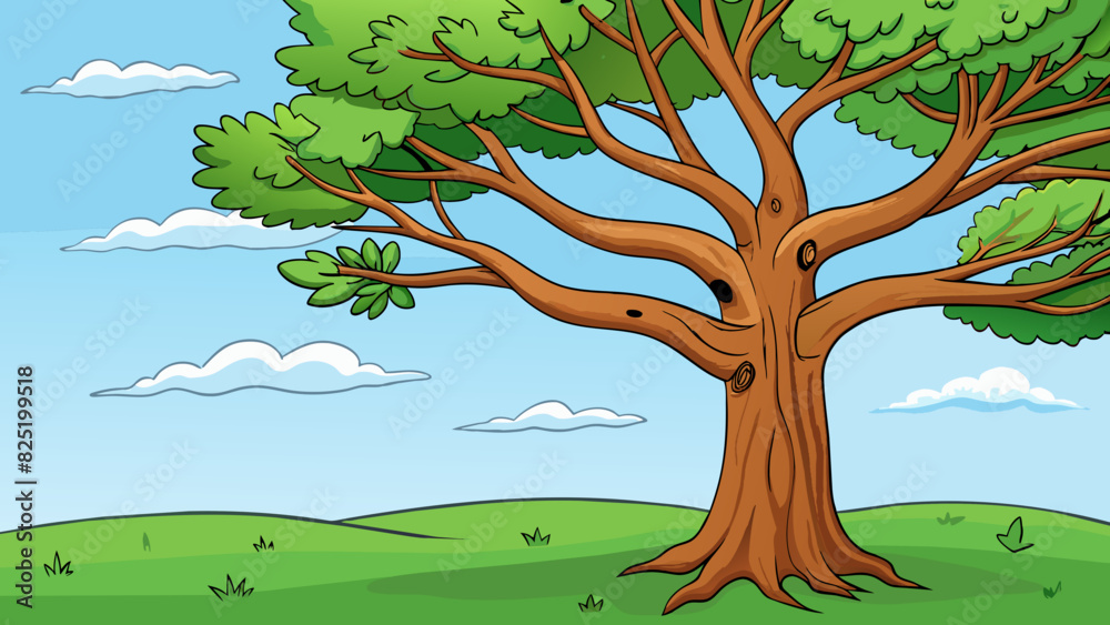 Poster A large leafy tree stands tall in a field its branches swaying gently in the wind. The bark is rough and brown and the leaves are a vibrant shade of. Cartoon Vector.
