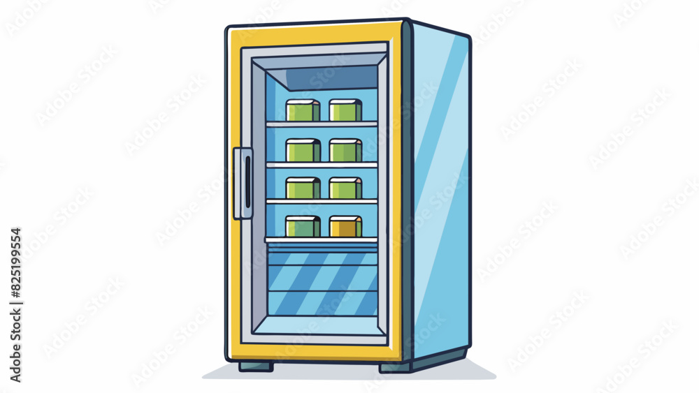 Aufkleber A large rectangular box with a glass door on the front. Inside there are trays and racks for food storage and a digital temperature display.. Cartoon Vector.