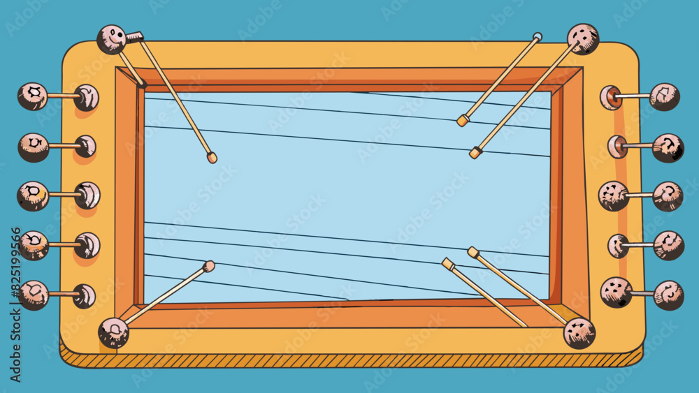 Fototapete A large rectangular frame with strings stretched across in a grid pattern. Hanging from the strings are small metal objects that make a gentle chime. Cartoon Vector.