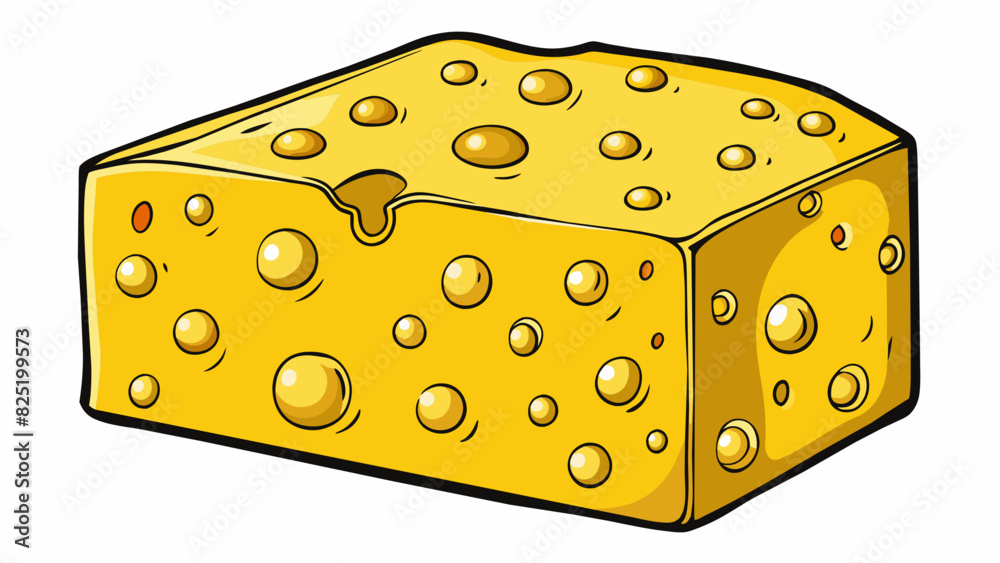 Poster A large rectangular block of yellow cheese with small holes tered throughout. It has a smooth waxy texture and a sharp tangy smell.. Cartoon Vector.