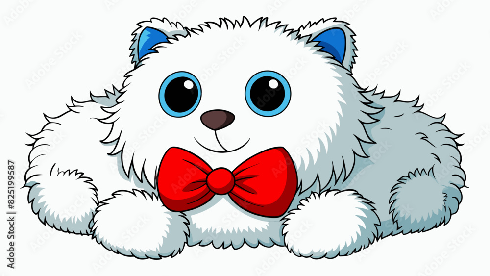 Poster a large fluffy plush toy with white fur black button eyes and a bright red bow tied around its neck.