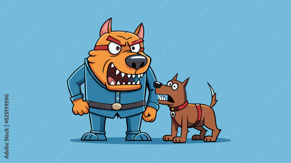Poster A large menacing guard dog baring its teeth and standing in front of its owner ready to attack and defend against any threats.. Cartoon Vector.
