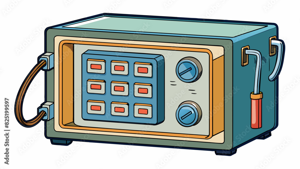 Fototapete A large rectangular metal box with a handle on top and buttons on the front. The buttons are labeled with numbers and symbols and a digital screen. Cartoon Vector.