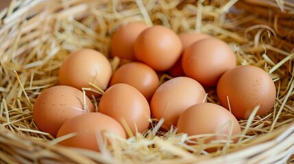 Close-up of organic eggs arranged neatly in a straw-filled basket, representing natural farm freshness