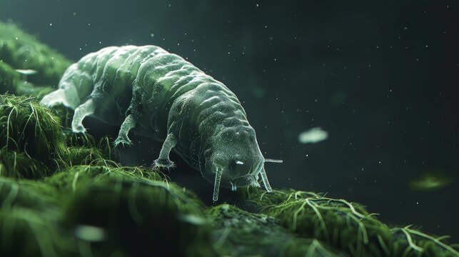 Close-up of a tardigrade walking on moss fibers, its glowing body showcasing its resilience in extreme environments