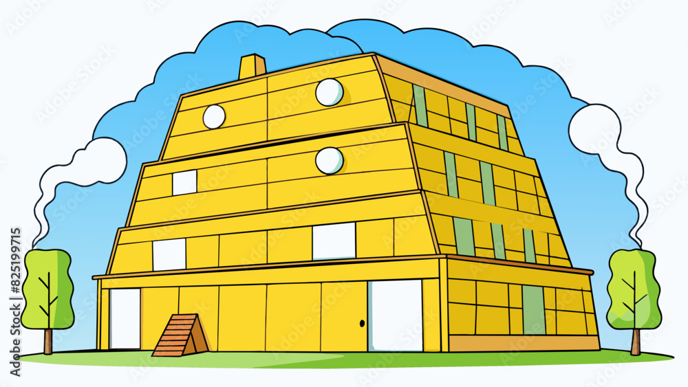 Poster a large yellow structure made of overlapping wooden boards. it has a sloping roof and several window