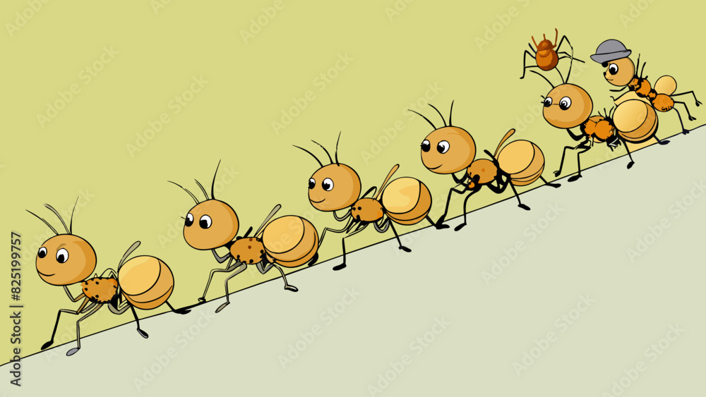 Poster A line of ants marching in a straight path carrying small bits of food. The group moves in a unified manner towards a common goal with each ant. Cartoon Vector.