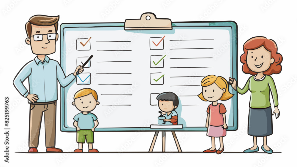 Poster A list of household chores written on a whiteboard showing different tasks assigned to each family member. This list is characterized by its. Cartoon Vector.
