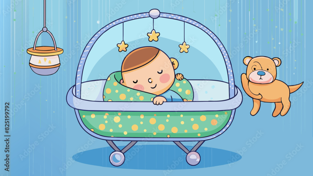 Poster a little one sleeping peacefully in a cozy bassinet with a soft mobile above playing soothing lullab