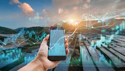 hand with smart phone and financial charts - neo banking
