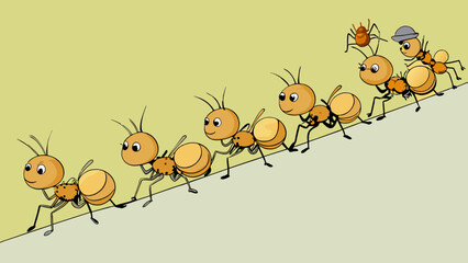 A line of ants marching in a straight path carrying small bits of food. The group moves in a unified manner towards a common goal with each ant. Cartoon Vector.