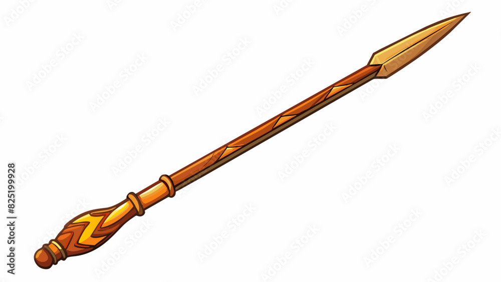 Aufkleber A long slender item with a pointed end and a sharp blade. It has a wooden handle with intricate carvings and is used for cooking food over an open. Cartoon Vector.