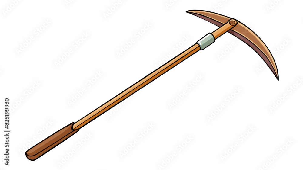 Poster A long wooden stick with a sharp pointed end and a curved blade on the other side used for digging and planting in a garden.. Cartoon Vector.