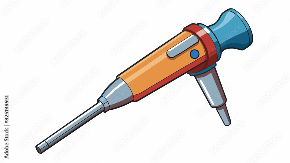 Poster A long thin metal instrument with a sharp curved tip used for examining the inside of the ear. It is attached to a handle and has a small light at the. Cartoon Vector.