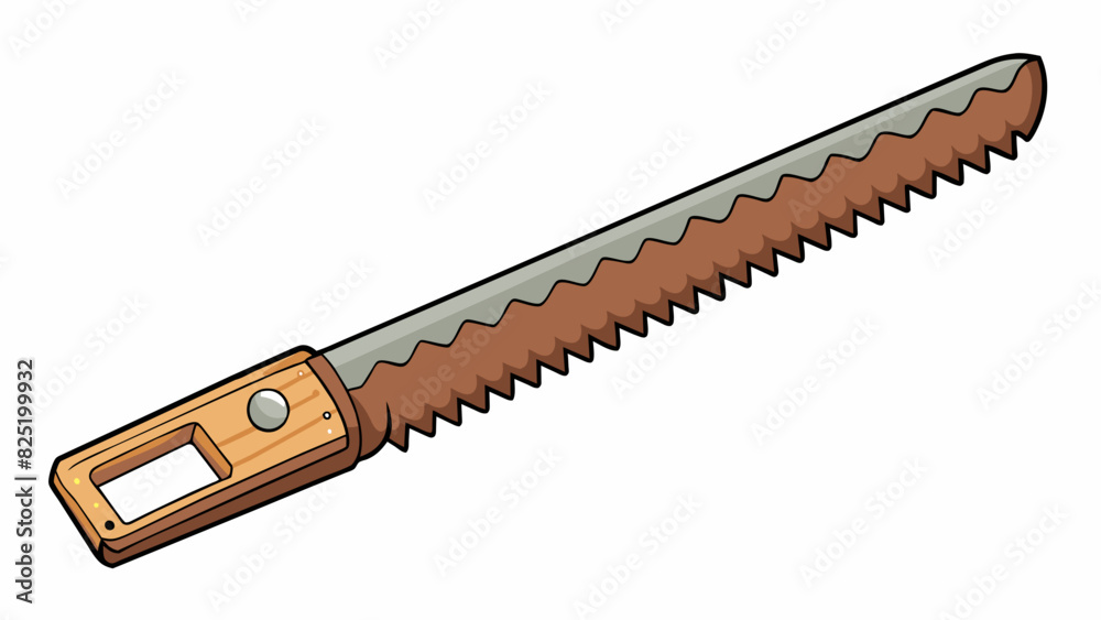 Poster A long thin wooden tool with sharp teeth on one end and a sy handle on the other. The teeth are evenly spaced and jagged perfect for sawing through. Cartoon Vector.