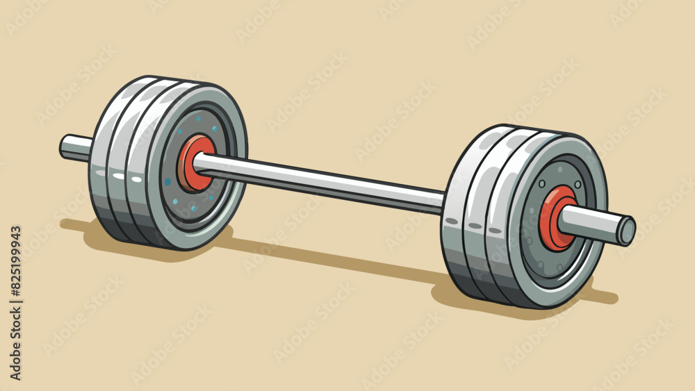 Poster a long weighted barbell with a set of metal plates on each end. the bar is made of sy metal and has 