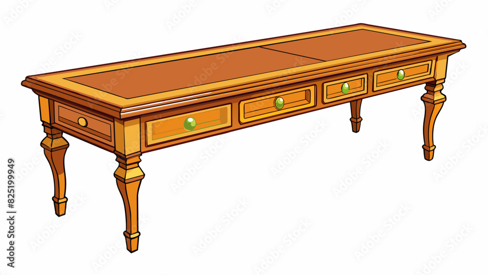 Poster a long wooden table with four legs and a smooth polished surface. there are intricate carvings along