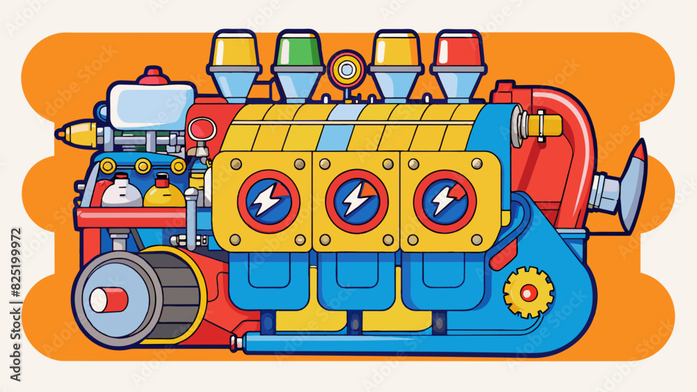 Canvas Prints A loud powerful engine with multiple connected compartments painted in bright colors and adorned with logos and slogans.. Cartoon Vector.