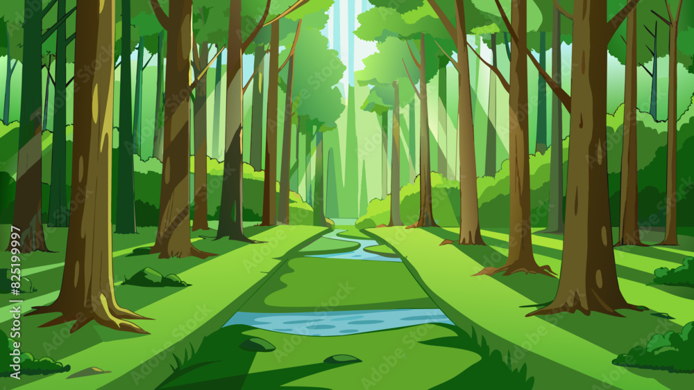 Poster a lush green forest with tall trees stretching up towards the sky. the ground is covered in moss and
