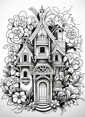 a black and white drawing of a house with flowers around it