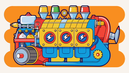 A loud powerful engine with multiple connected compartments painted in bright colors and adorned with logos and slogans.. Cartoon Vector.