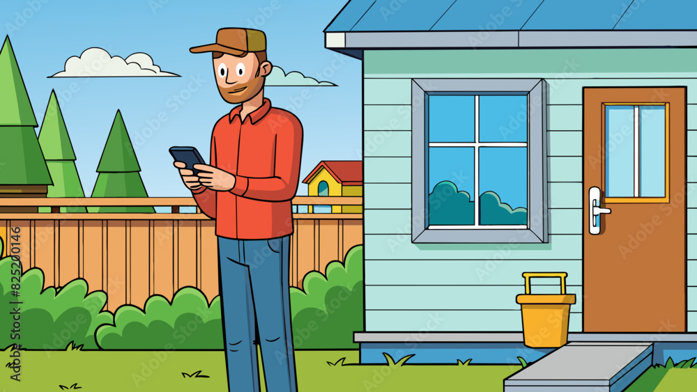 Poster A man standing outside his house constantly checking his phone while pacing back and forth on the porch.. Cartoon Vector.