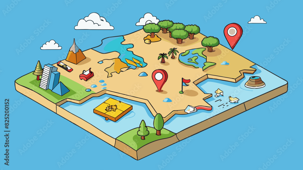Poster A map is a visual representation of a geographic location or area typically on a flat surface but can also take a threedimensional form. It includes. Cartoon Vector.