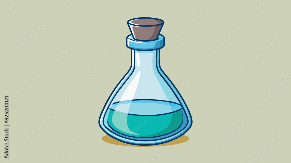 Poster a mediumsized transparent glass bottle with a thin smooth neck and a wide circular base. it is fille