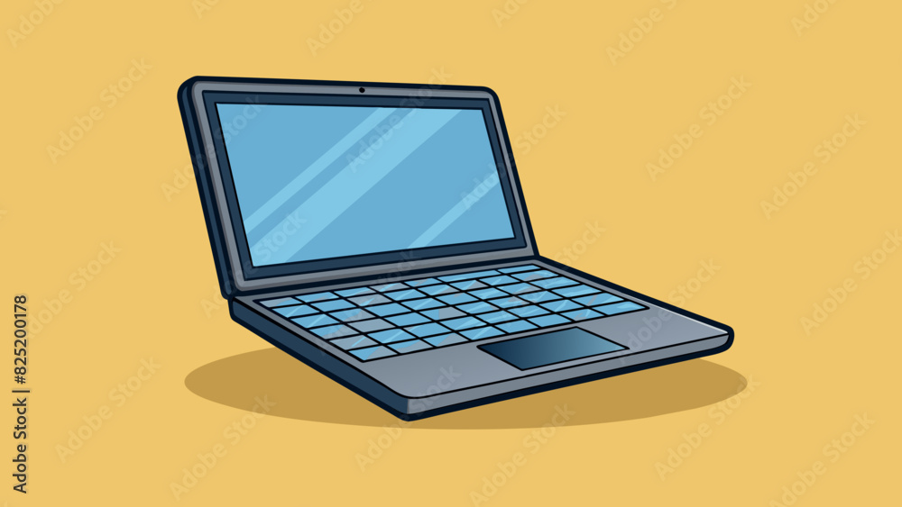 Poster a matte black laptop thin and lightweight with a subtle sheen in the sunlight.. cartoon vector.