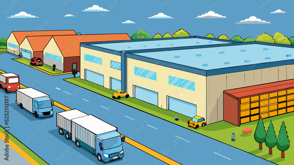Poster a massive warehouse with a corrugated metal exterior and several loading docks surrounded by a large