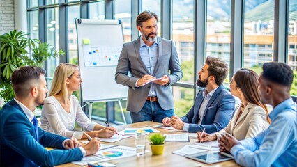 Strategic Planning Session: A manager leading a strategic planning session with team members, highlighting collaboration and foresight.
