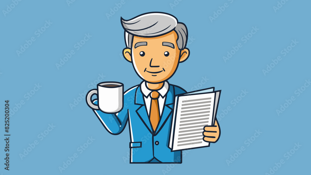 Poster a middleaged person with a stern expression a coffee mug in one hand and a newspaper in the other. t