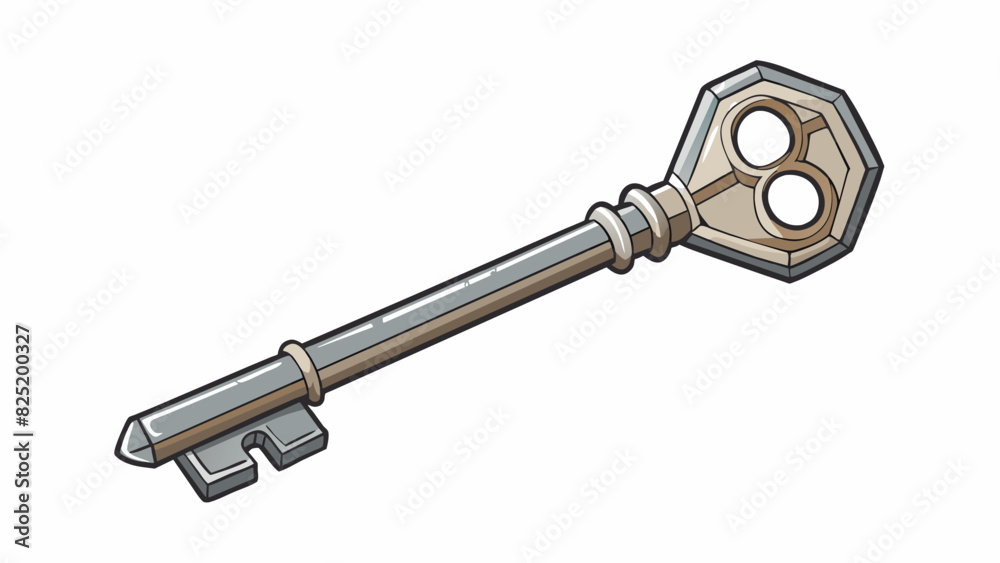 Poster A metal key This object is small and silvery in color with a long and narrow rectangular shape. It also has a ridged end for grip and a circular head. Cartoon Vector.