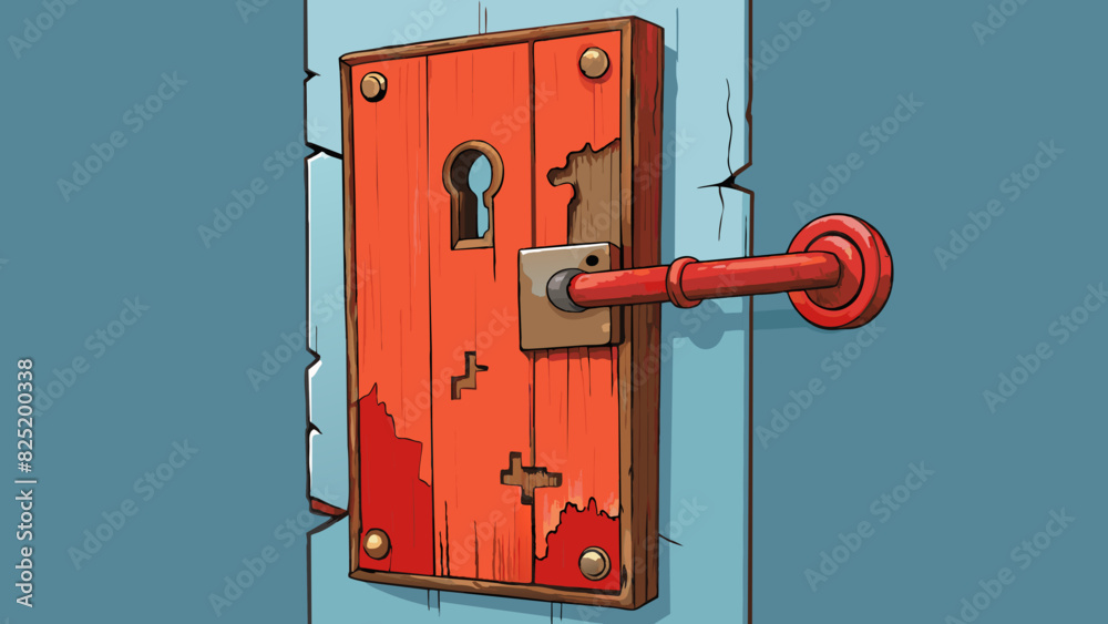 Poster A metal door with a peeling layer of red paint showing hints of rust underneath. The lock is old and rusted with a large keyhole and a stiff handle. Cartoon Vector.