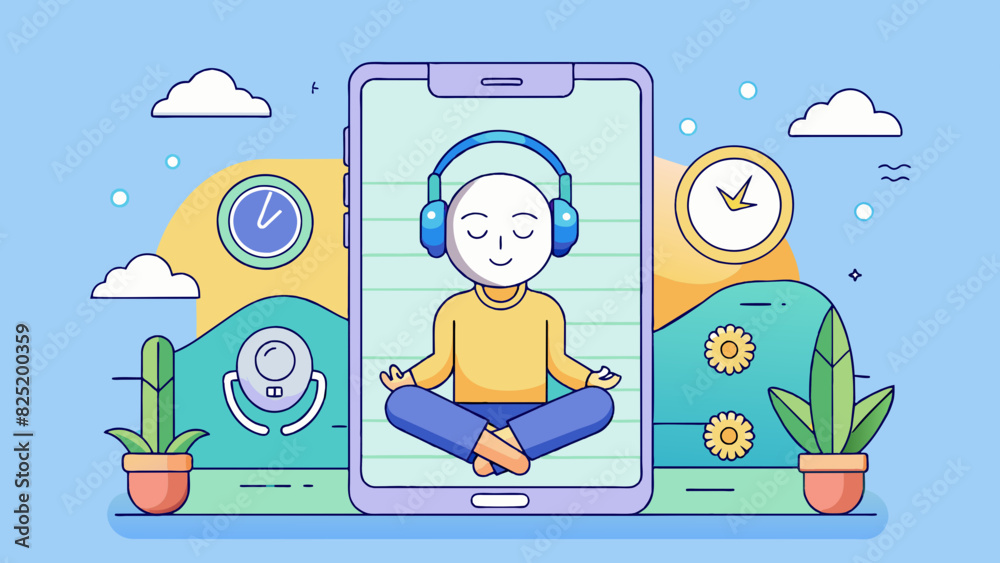 Poster A mindfulness app that guides users through meditation and relaxation techniques. The objects within the app include soothing background music a timer. Cartoon Vector.