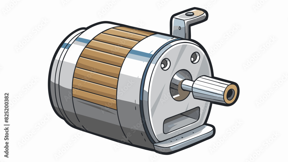 Poster A metallic cylindrical pencil sharr with a textured grip on one side. It has a shiny silver finish and a small lever on the back to release shavings.. Cartoon Vector.