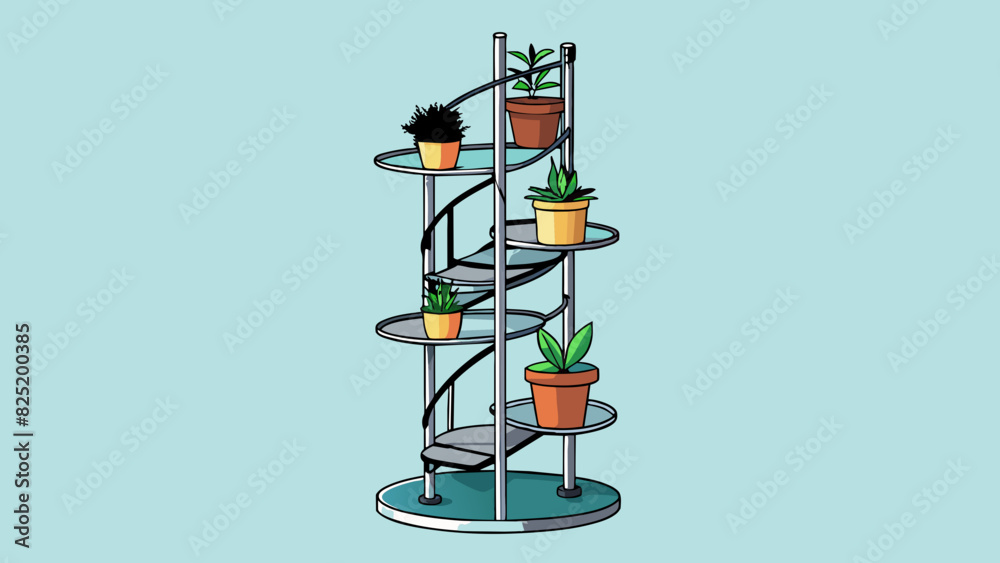 Poster A metal stand with a futuristic design in the shape of a spiral staircase. It has a clean and modern look with a shiny chrome finish. The stand is. Cartoon Vector.