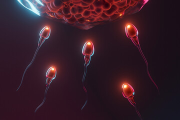 3D Render of Sperm Cells in Formation Around Egg Cell