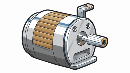 A metallic cylindrical pencil sharr with a textured grip on one side. It has a shiny silver finish and a small lever on the back to release shavings.. Cartoon Vector.