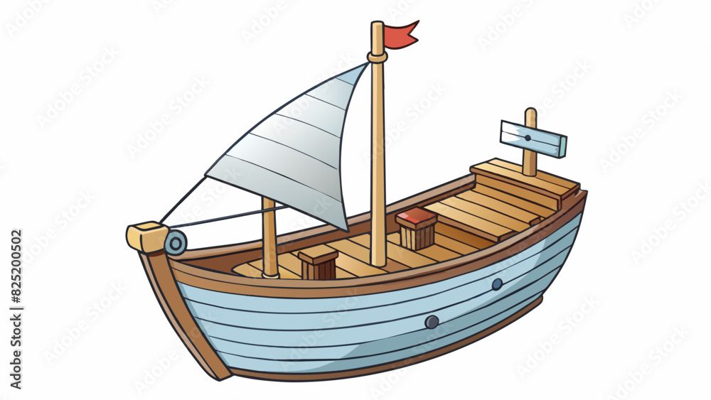 Poster a model of a sailboat has a tall wooden mast white sails and a rudder at the back. the hull is made 