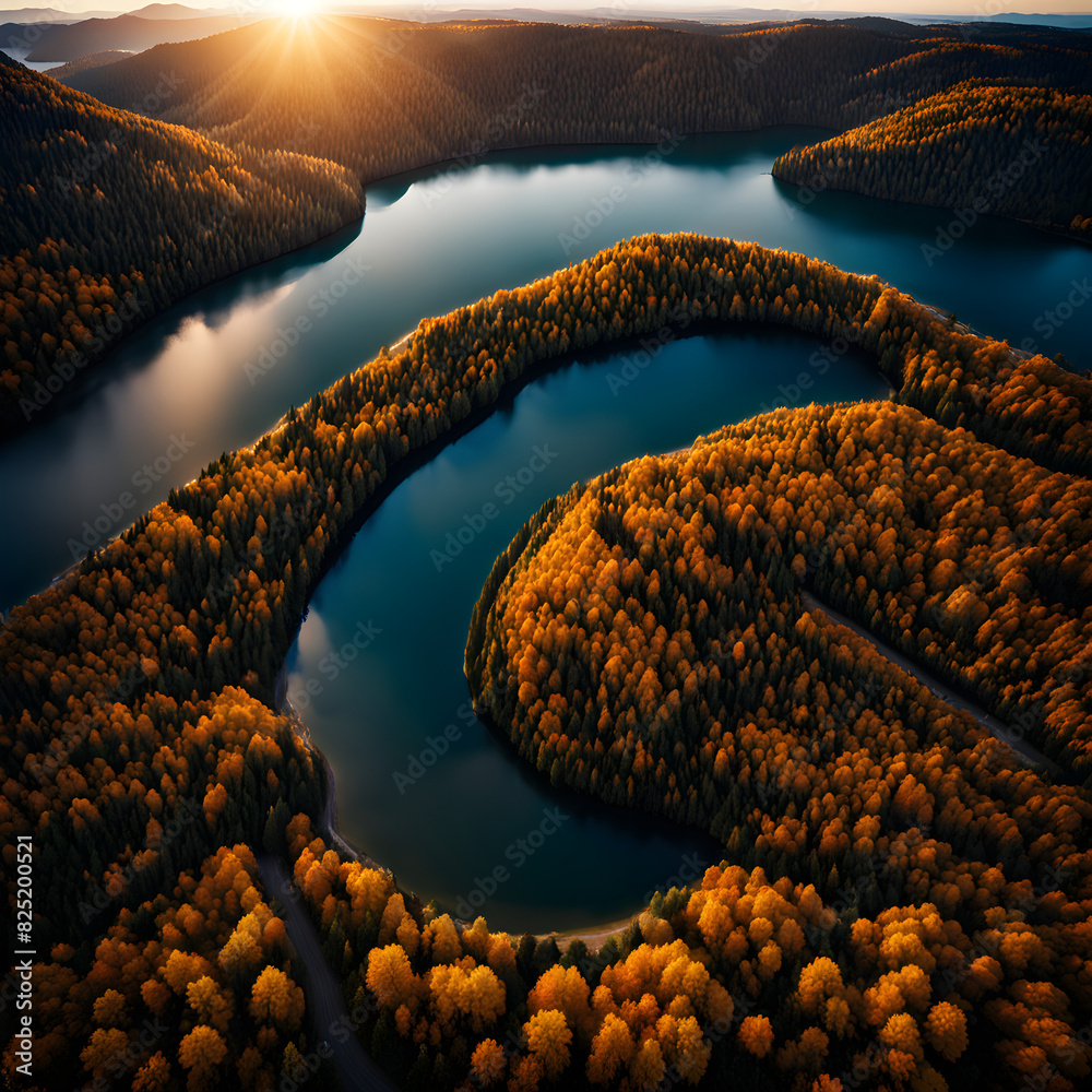 Wall mural Drone aerial view of autumn forests, lakes, and rivers, golden mountains and fields, magnificent scenery, background, and banners - Wall murals