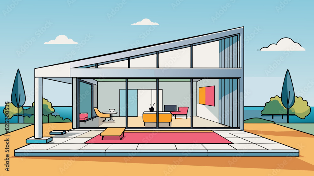 Poster a modern minimalist house made of glass and concrete. the interior is sleek and open with high ceili