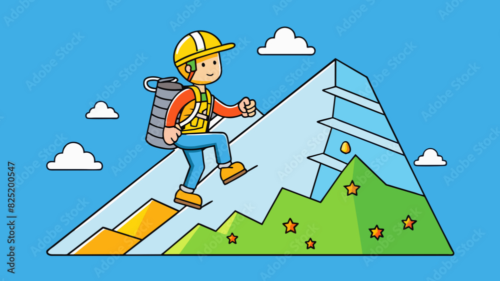 Poster a mountain climber reaching higher altitudes with each step the terrain becoming steeper and more ch