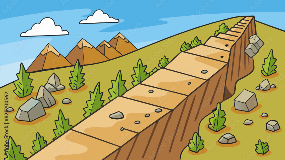 Poster A mountain trail with unstable rocks and a steep incline posing the risk of slipping and falling while climbing.. Cartoon Vector.