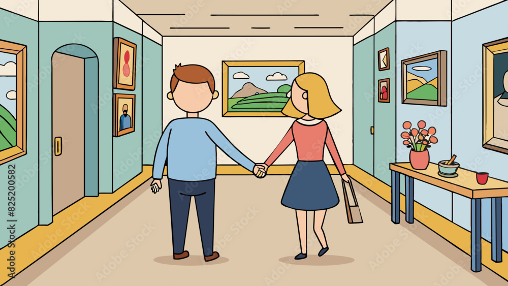Poster a museum date a pair of art lovers stroll hand in hand through a quiet gallery. the walls are lined 