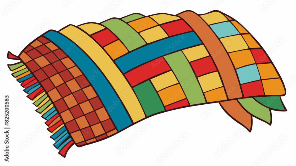 Poster A multicolored woven fabric with intricate patterns and designs. It is lightweight and can be used as a decorative throw or for warmth on a cold day.. Cartoon Vector.