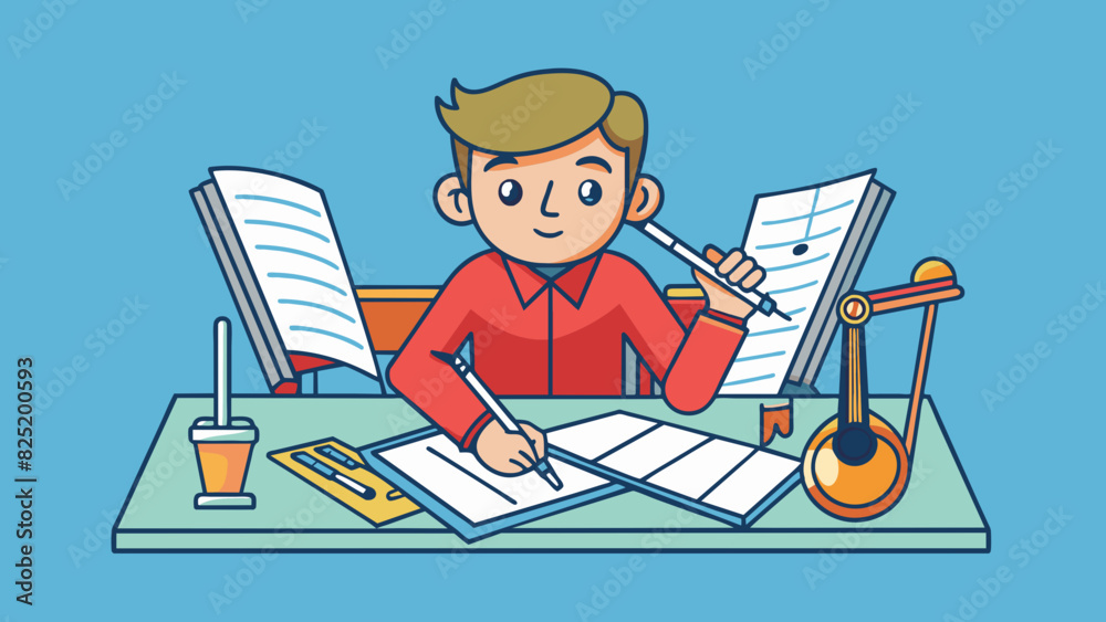 Poster a musician sits at their desk surrounded by music sheets and a pencil. they meticulously go through 
