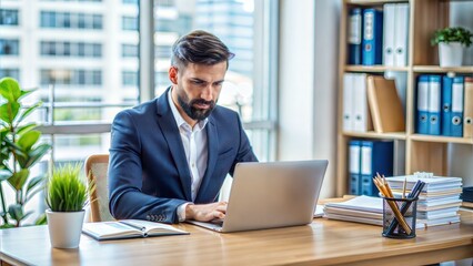 Obraz premium Professional Manager at Desk: A business manager working at a desk, surrounded by documents and a laptop, illustrating productivity and organization. 