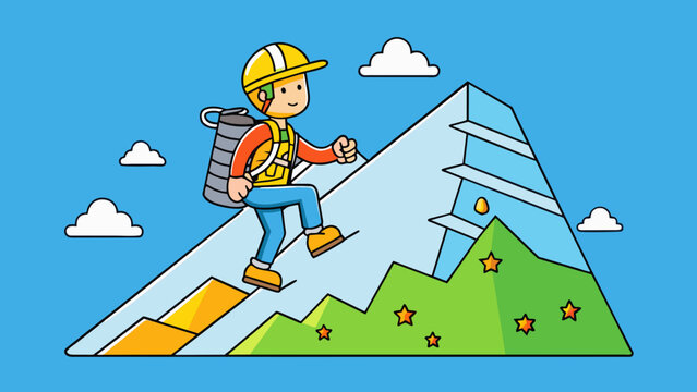 A mountain climber reaching higher altitudes with each step the terrain becoming steeper and more challenging.. Cartoon Vector.