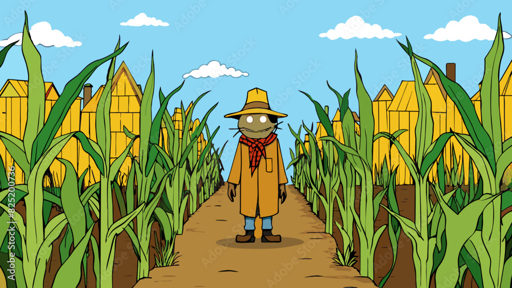 Poster A narrow lot filled with rows of tall swaying cornstalks. In the center a scarecrow stands guard its tattered clothes flapping in the wind.. Cartoon Vector.